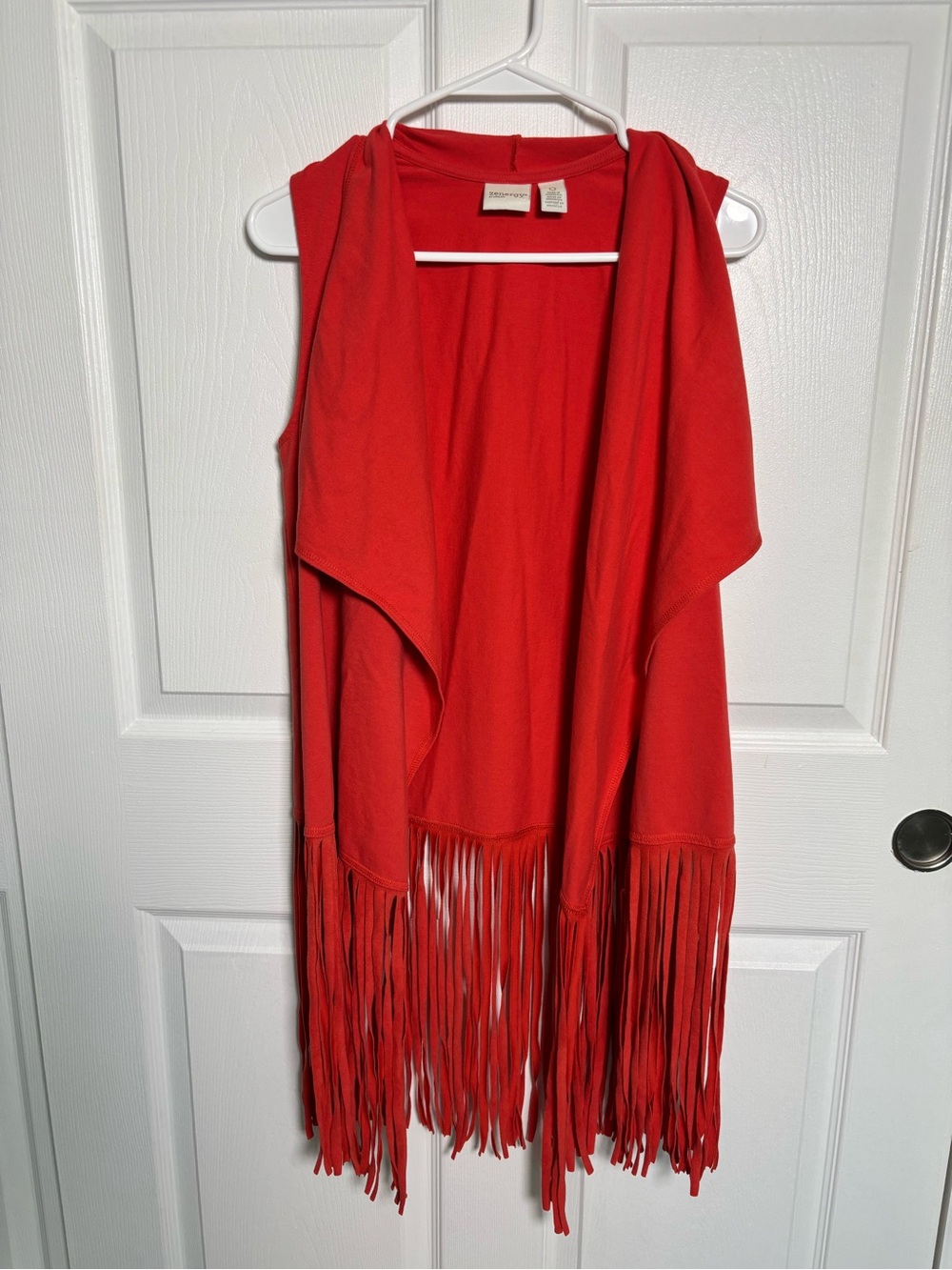 Chico’s Zenergy Orange Red Fringe Vest Open Front Boho Duster Sz 0 (S)